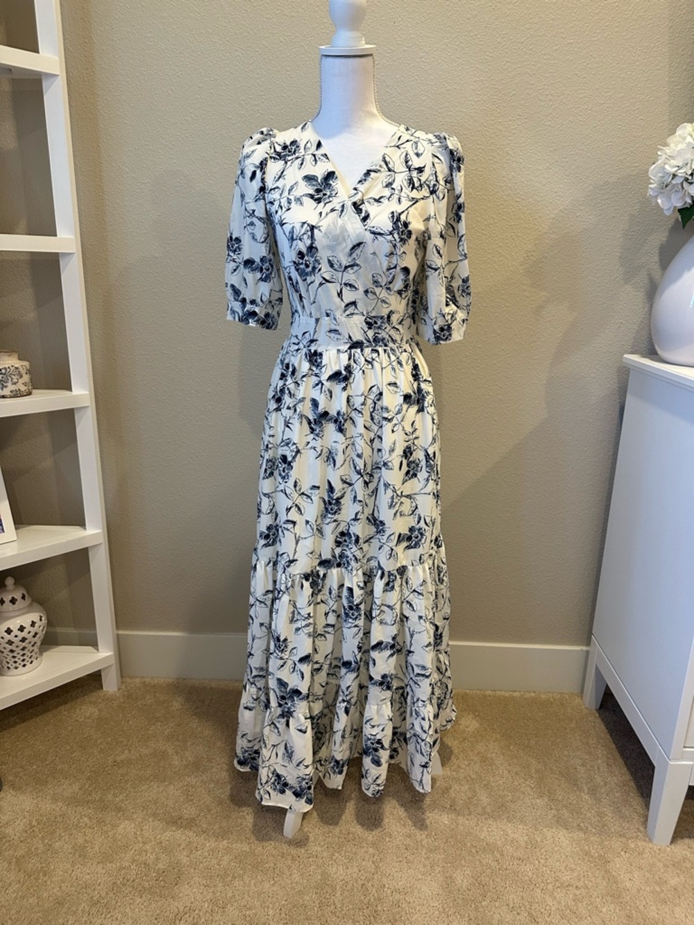 Chicwish White Maxi Dress with Navy Floral Print